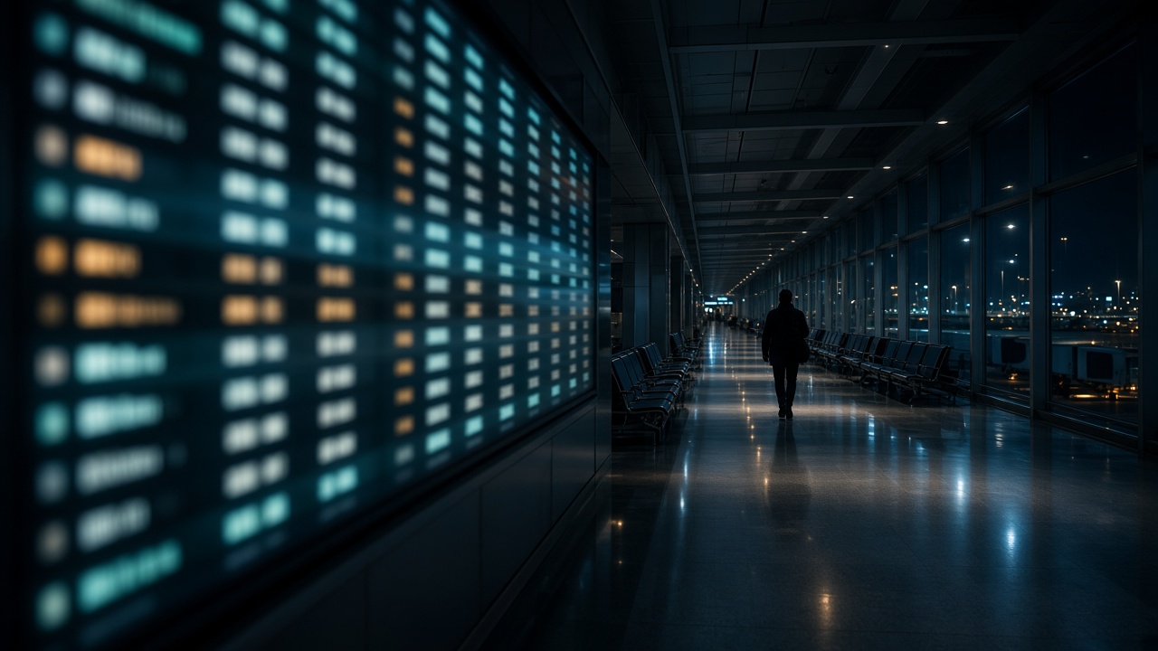 Night airport terminal with a glowing split-flap departure board